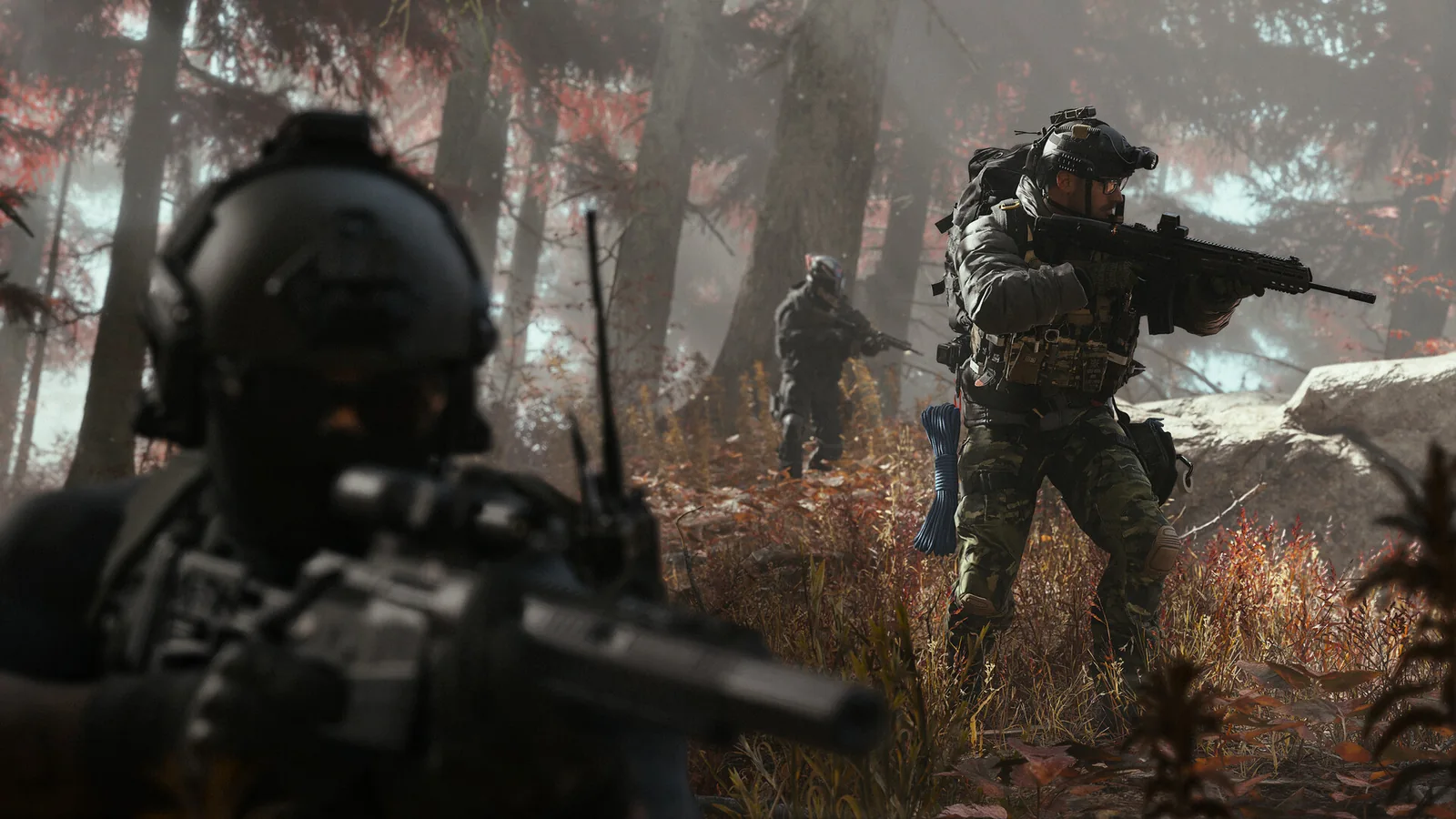 Modern Warfare 4 promotional squad moving through autumn woodland.