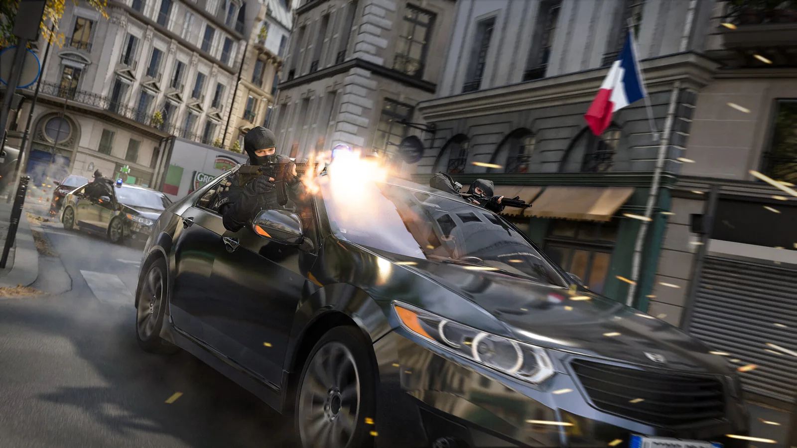Modern Warfare 4 promotional vehicle firefight on a city street.