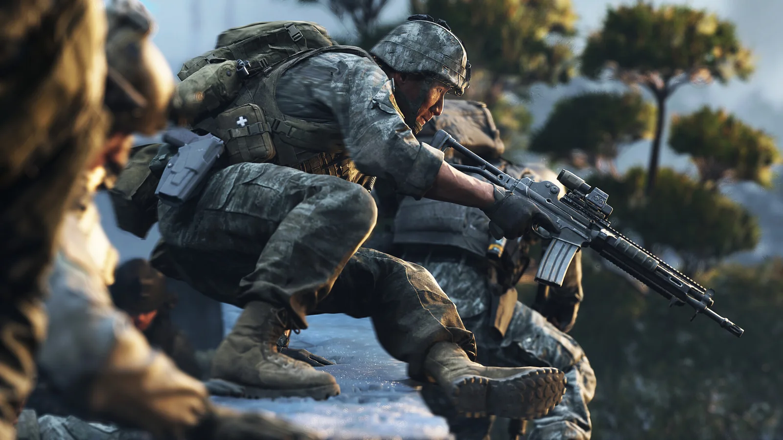 Modern Warfare 4 promotional scene of a soldier crouching with a rifle.
